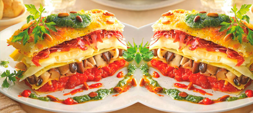 Lasaña de queso, setas y jamón